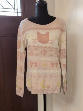 "Box Lunch" Sailor Moon Women’s Pink Patterned Cat Sweater Size Large